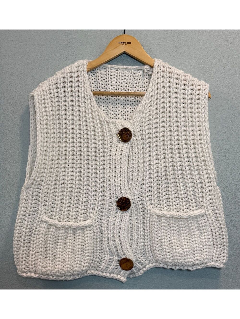Zara Inspired Chunky Knit Sweater Vest With Gold Buttons - Women's Large
